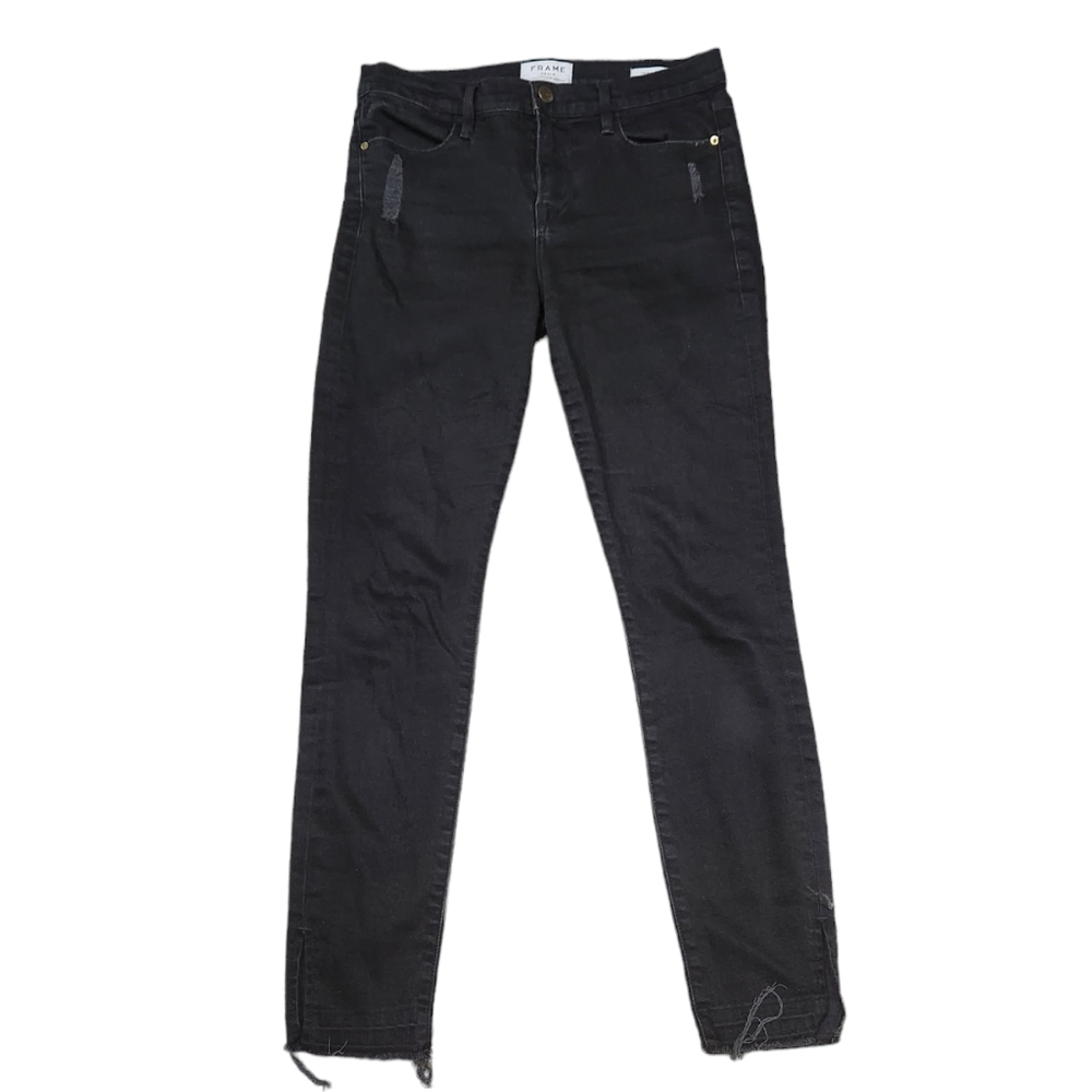 FRAME Le High Skinny Black Distressed Raw Hem Jeans Size 26